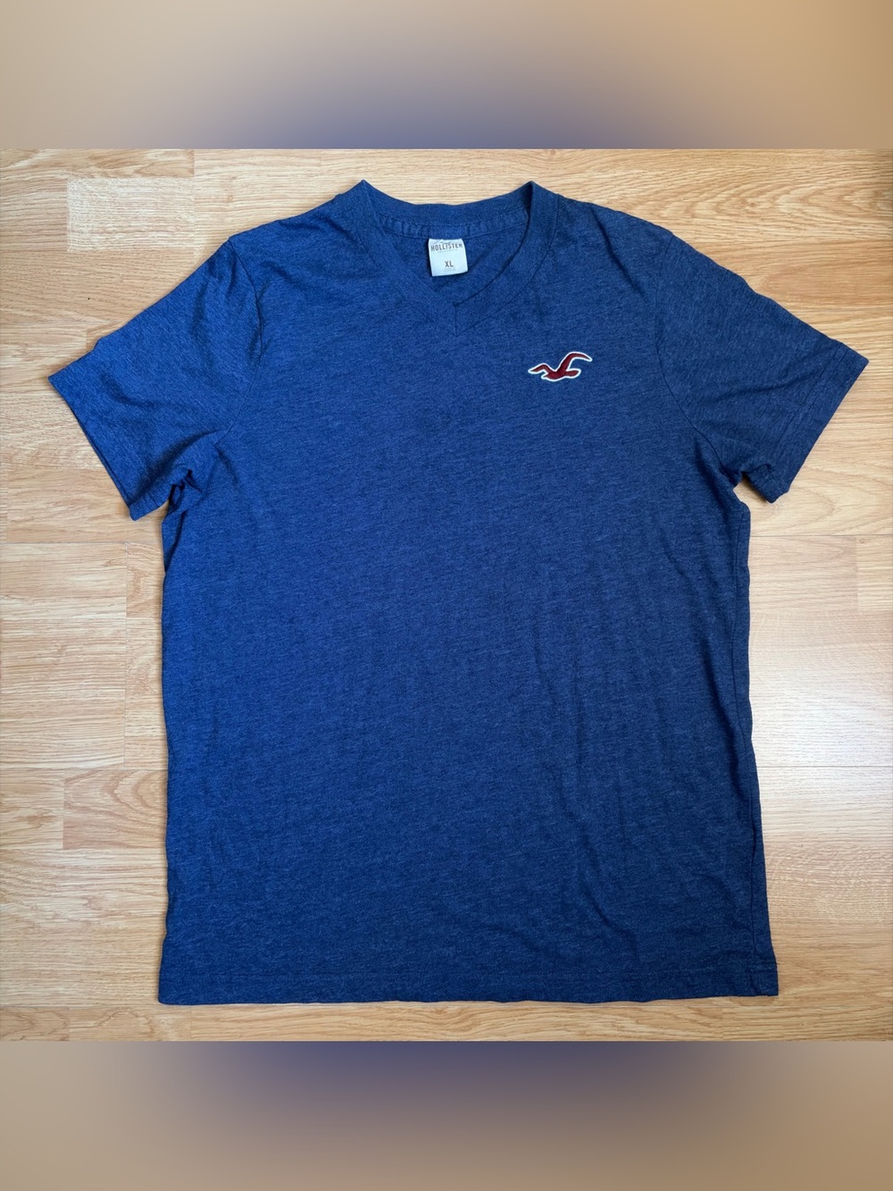 Hollister Men's V-Neck Tee in Blue with Red Logo